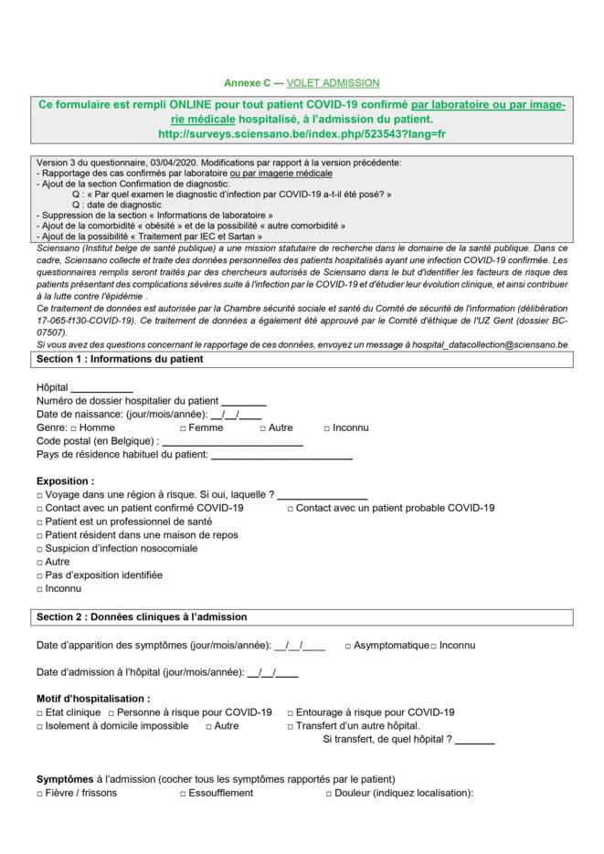 La première page du formulaire admission hôpital COVID-19 © claude semal