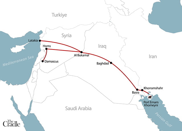 Tracé du projet ferroviaire visant à relier l'Iran, l'Irak et la Syrie.