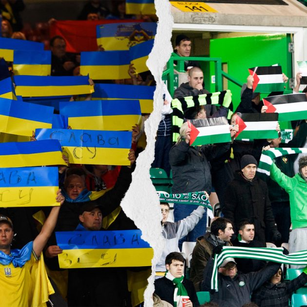 Des supporters de foot brandissent des drapeaux ukainiens, d'autres des drapeaux palestiniens.