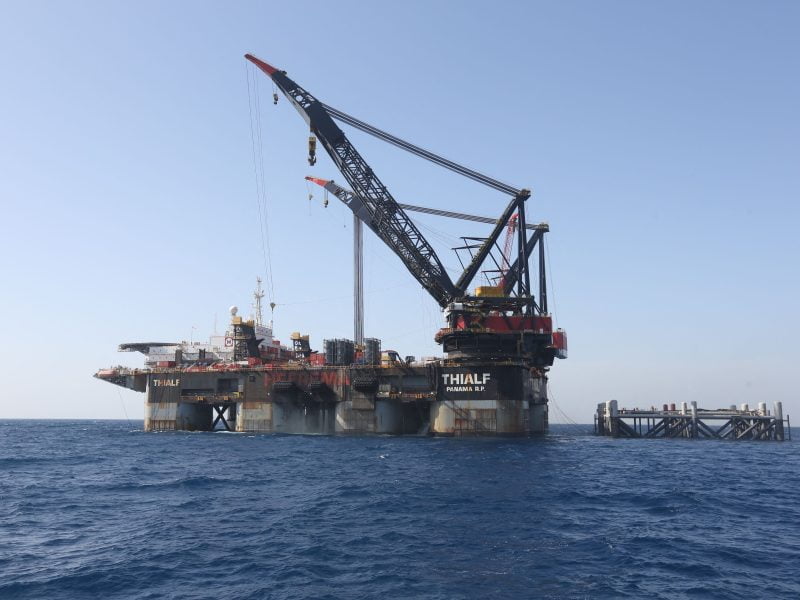 This picture taken on January 31, 2019 shows a view of the SSCV Thialf crane vessel after laying the newly-arrived foundation platform for the Leviathan natural gas field in the Mediterranean Sea, about 130 kilometres (81 miles) west of the coast of the Israeli city of Haifa.