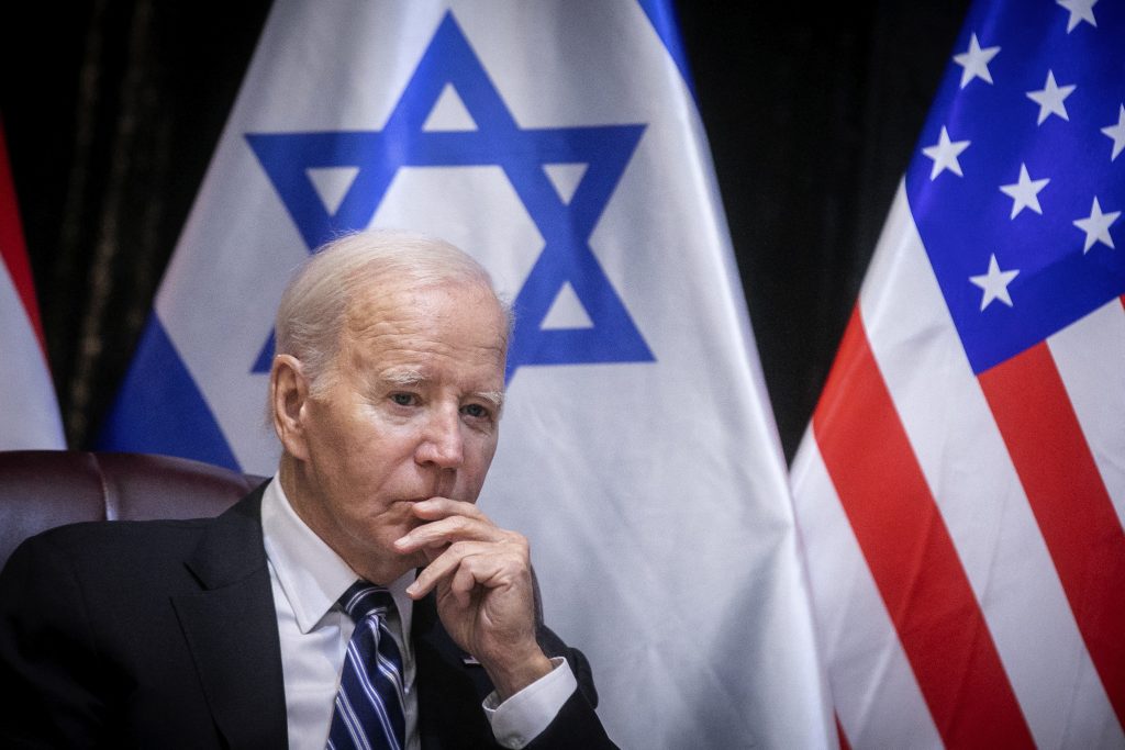 US President Joe Biden joins Israel's Prime Minister for the start of the Israeli war cabinet meeting, in Tel Aviv on October 18, 2023, amid the ongoing battles between Israel and the Palestinian group Hamas.