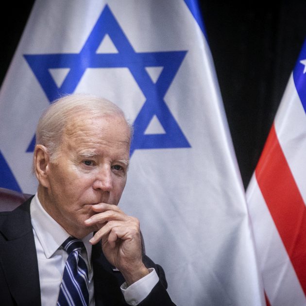 US President Joe Biden joins Israel's Prime Minister for the start of the Israeli war cabinet meeting, in Tel Aviv on October 18, 2023, amid the ongoing battles between Israel and the Palestinian group Hamas.