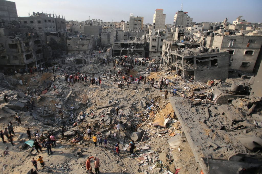 Palestinians check the destruction in the aftermath of an Israeli strike the previous night in the Jabalia camp for Palestinian refugees in the Gaza Strip, on November 1, 2023