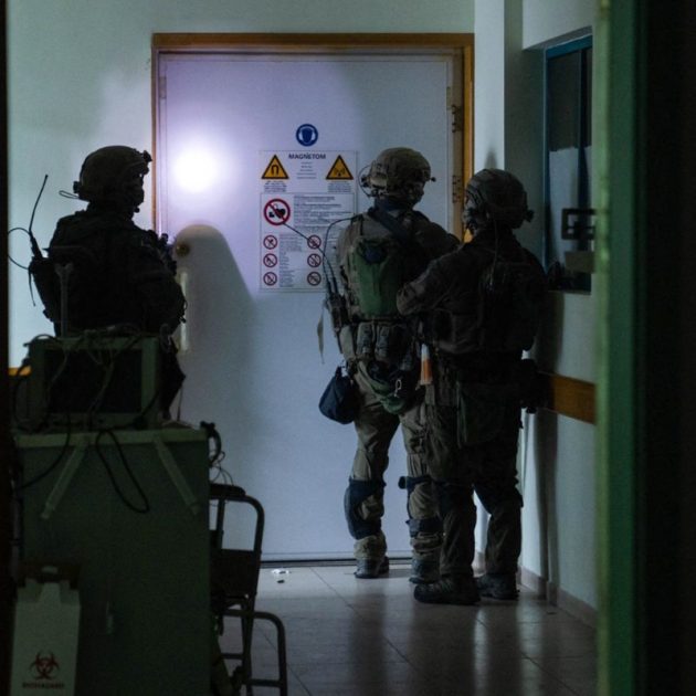This handout picture released by the Israeli army on November 15, 2023, reportedly shows Israeli soldiers carrying out operations inside Al-Shifa hospital in Gaza City, amid continuing battles betweeen Israel and the Palestinian militant group Hamas. (Photo by Israeli Army / AFP) / RESTRICTED TO EDITORIAL USE - MANDATORY CREDIT "AFP PHOTO / ISRAELI ARMY " - NO MARKETING NO ADVERTISING CAMPAIGNS - DISTRIBUTED AS A SERVICE TO CLIENTS - RESTRICTED TO EDITORIAL USE - MANDATORY CREDIT "AFP PHOTO / ISRAELI ARMY " - NO MARKETING NO ADVERTISING CAMPAIGNS - DISTRIBUTED AS A SERVICE TO CLIENTS /