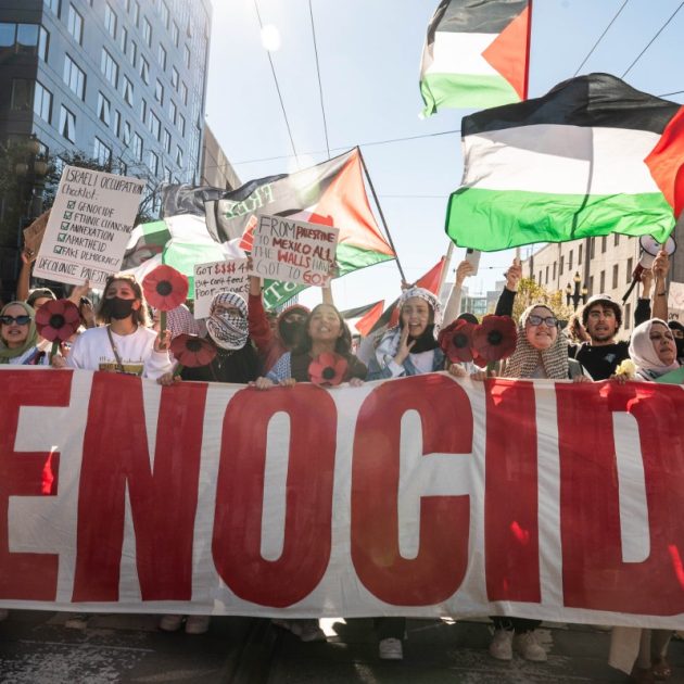 People take part in a "Palestine Solidarity" march in San Francisco, California, on November 4, 2023. - Thousands of people, both Israeli and Palestinians, have died since October 7, 2023, after Palestinian Hamas militants based in the Gaza Strip, entered southern Israel in a surprise attack leading Israel to declare war on Hamas in Gaza the following day. (Photo by Amy OSBORNE / AFP)