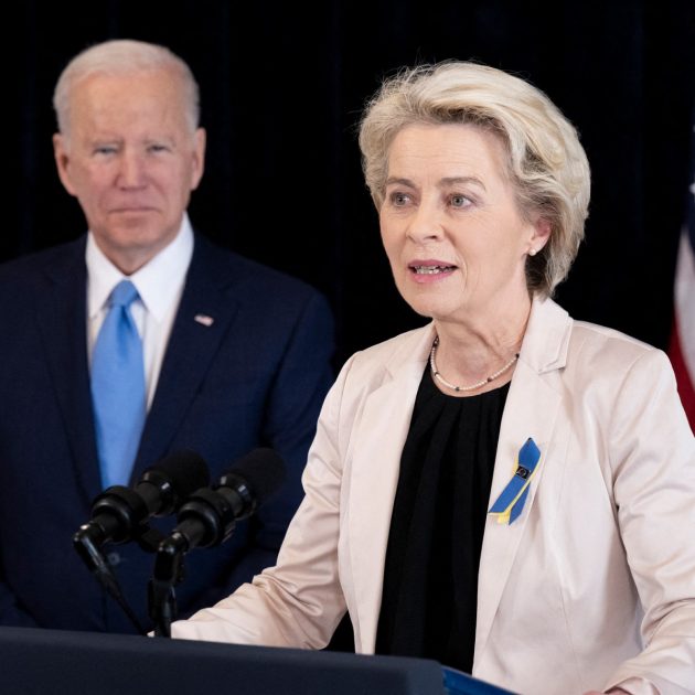 US President Joe Biden listens while European Commission President Ursula von der Leyen makes a statement about Russia at the US Chief of Mission residence in Brussels, on March 25, 2022. (Photo by Brendan Smialowski / AFP)