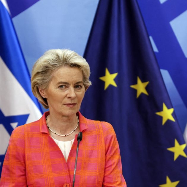 President of the European Commission Ursula von der Leyen attends a joint-press conference with Israeli prime minister in Jerusalem on June 14, 2022. (Photo by AMIR COHEN / POOL / AFP)