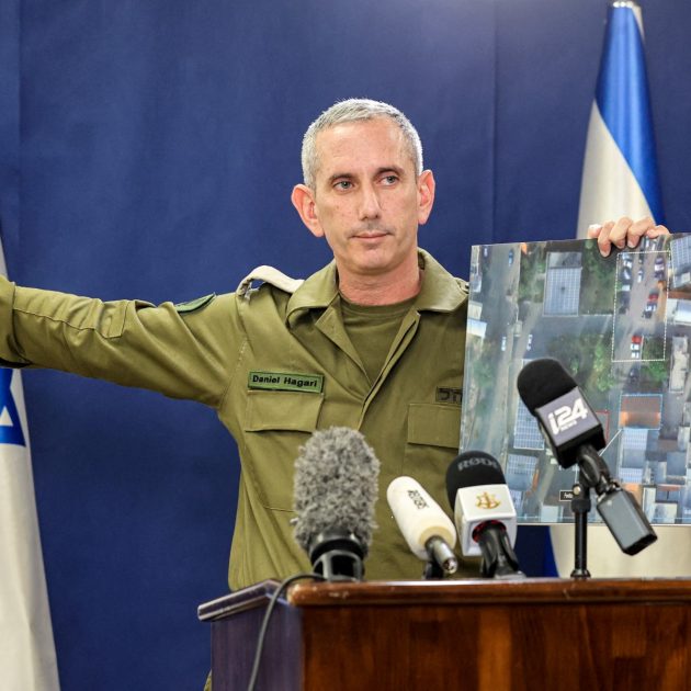 Israeli army spokesman Rear Admiral Daniel Hagari speaks to the press from The Kirya, which houses the Israeli Ministry of Defence, in Tel Aviv on October 18, 2023. A blast ripped through a hospital in war-torn Gaza killing hundreds of people late on October 17, sparking global condemnation and angry protests around the Muslim world. Spokesman Hagari on October 18 said that Israel had "evidence" that militants were responsible for the blast that killed hundreds at a Gaza hospital, saying a review proved others were at fault. (Photo by GIL COHEN-MAGEN / AFP)