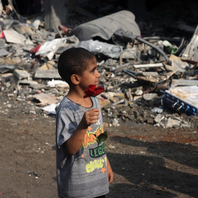 EDITORS NOTE: Graphic content / A young boy holds a fake flower found amid the rubble of a building in the aftermath of Israeli strikes in Gaza City on October 28, 2023. - Israeli air strikes destroyed hundreds of buildings in the Gaza Strip overnight, the civil defence service in the Hamas-controlled Palestinian territory said on October 28. (Photo by MOHAMMED ABED / AFP)