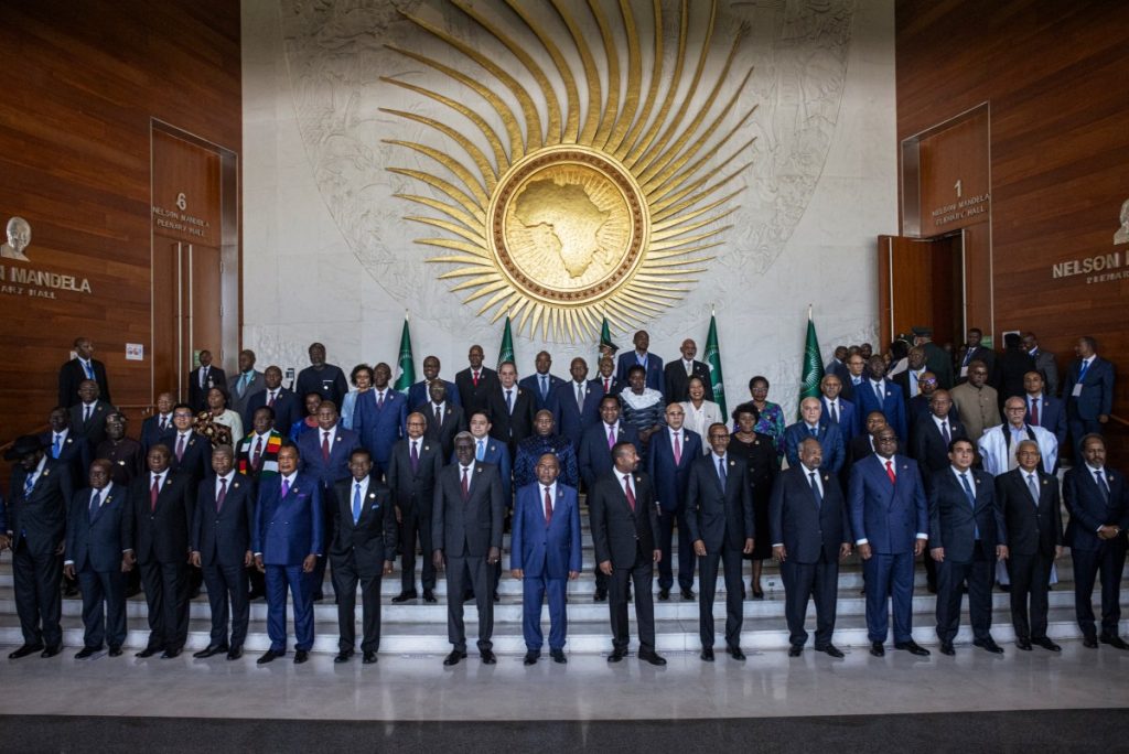 African Heads of State pose for a group photograph before the opening ceremony of the 37th Ordinary Session of the Assembly of the African Union (AU) at the AU headquarters in Addis Ababa on February 17, 2024. (Photo by Michele Spatari / AFP)