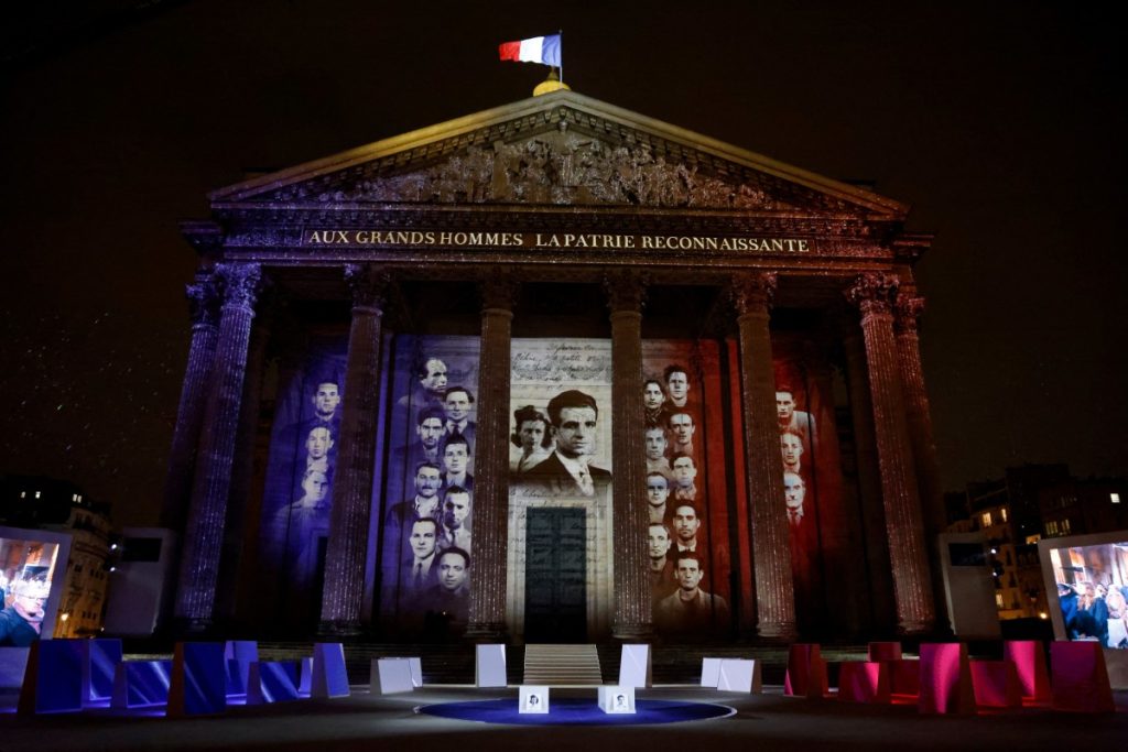 A photo shows Tha Pantheon during the state ceremony for Missak and Melinee Manouchian's induction into The Pantheon in Paris on February 21, 2024. - The remains of stateless Armenian poet and fighter Missak Manouchian and his wife Melinee are being moved to the country's Pantheon mausoleum of national heroes during a state ceremony. It is the first time that any foreign communist member of the French Resistance is being honoured in such a way despite many of them taking part in the underground battle against the Germans. (Photo by Ludovic MARIN / AFP)