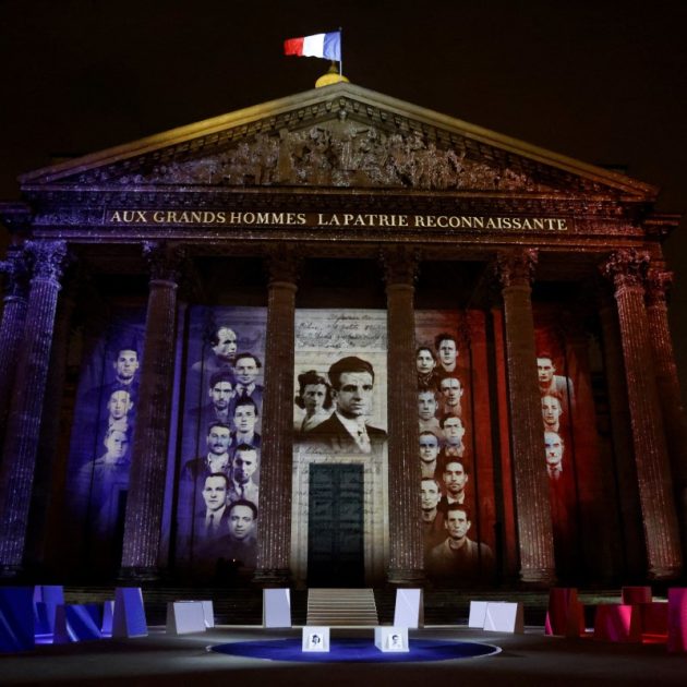 A photo shows Tha Pantheon during the state ceremony for Missak and Melinee Manouchian's induction into The Pantheon in Paris on February 21, 2024. - The remains of stateless Armenian poet and fighter Missak Manouchian and his wife Melinee are being moved to the country's Pantheon mausoleum of national heroes during a state ceremony. It is the first time that any foreign communist member of the French Resistance is being honoured in such a way despite many of them taking part in the underground battle against the Germans. (Photo by Ludovic MARIN / AFP)