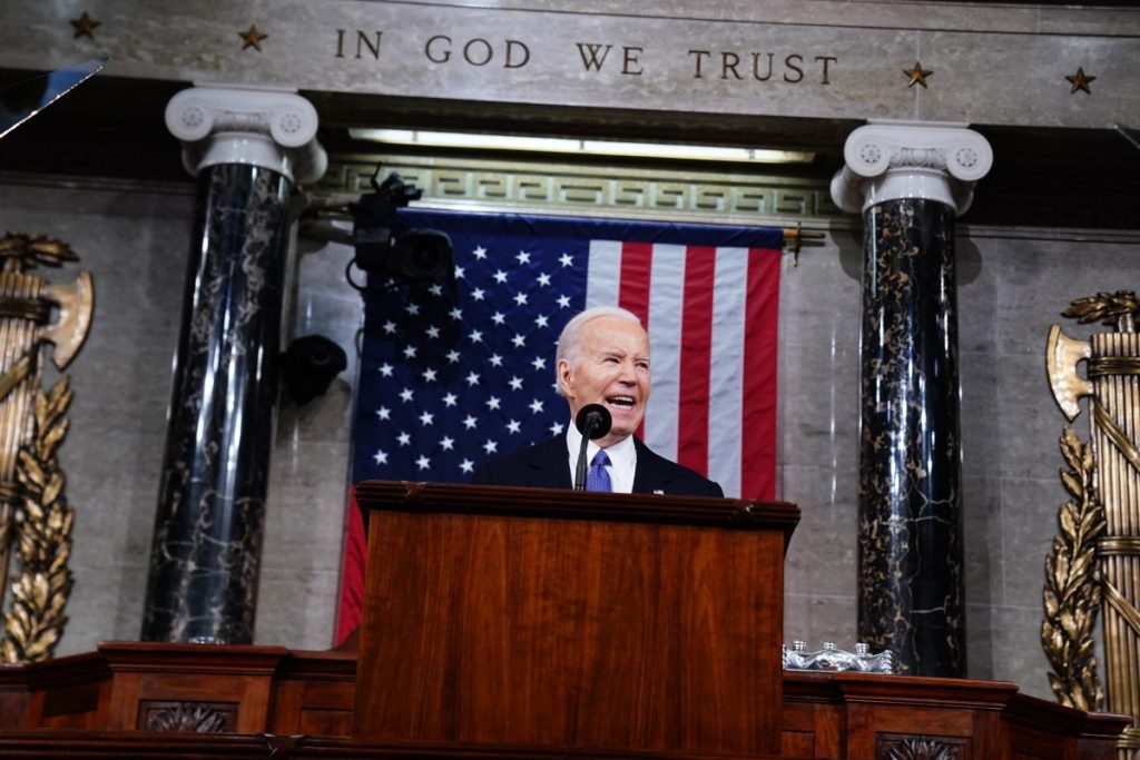 US President Joe Biden delivers his third State of the Union address in the House Chamber of the US Capitol in Washington, DC, on March 7, 2024. (Photo by SHAWN THEW / POOL / AFP)