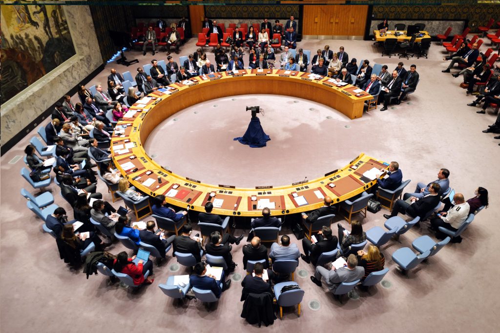 The United Nations Security Council holds a meeting on the situation in the Middle East, including Iran's recent attack against Israel, at UN headquarters in New York City on April 14, 2024. Israeli Ambassador to the UN Gilad Erdan urged the Security Council to impose "all possible sanctions" against Iran after the Islamic republic's unprecedented attack against Israel. (Photo by Charly TRIBALLEAU / AFP)