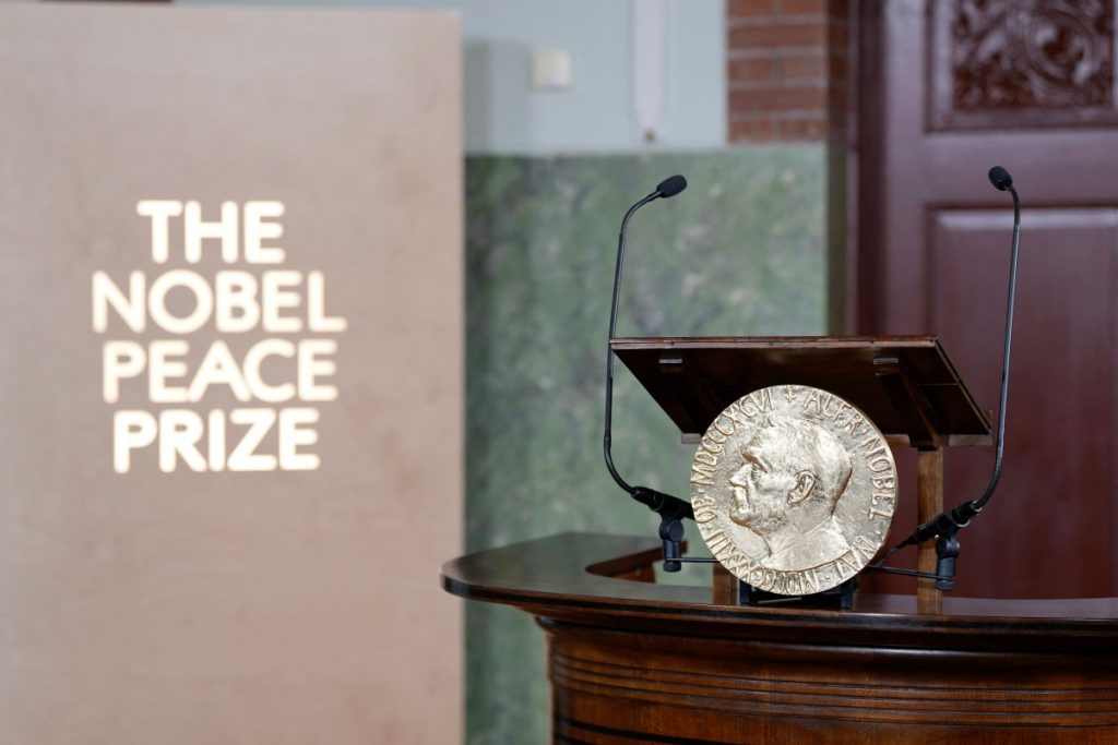 View of the rostrum from which will be announced the winner of the 2025 Nobel Peace Prize at the Norwegian Nobel Institute in Oslo, Norway, on October 10, 2025. (Photo by Rodrigo Freitas / NTB / AFP) / Norway OUT / NORWAY OUT