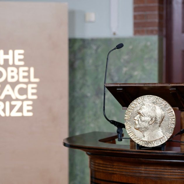 View of the rostrum from which will be announced the winner of the 2025 Nobel Peace Prize at the Norwegian Nobel Institute in Oslo, Norway, on October 10, 2025. (Photo by Rodrigo Freitas / NTB / AFP) / Norway OUT / NORWAY OUT