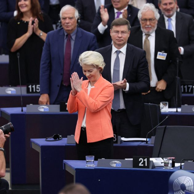 EU Commission President Ursula von der Leyen is applauded after giving her annual State of the Union address during a plenary session at the European Parliament in Strasbourg, eastern France, on September 13, 2023. (Photo by FREDERICK FLORIN / AFP)