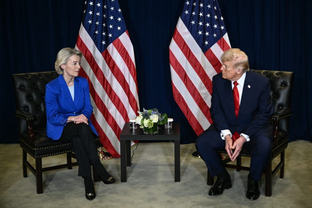 US President Donald Trump holds a bilateral meeting with European Commission President Ursula Von der Leyen on the sidelines of the United Nations General Assembly in New York City on September 23, 2025. (Photo by Brendan SMIALOWSKI / AFP)