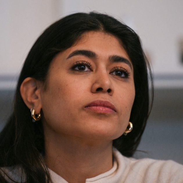 French-Palestinian member of the European Parliament Rima Hassan looks on during a press conference with her lawyer following a hearing at the regional headquarters of the judiciary police in Paris, France, on April 3, 2026. La France Insoumise (LFI) MEP Rima Hassan was again questioned by judicial police on April 3, 2026, as part of an investigation separate from the suspicion of "glorification of terrorism" for which she was placed in police custody the day before. During a search of her belongings on April 2, 2026, "the presence of substances resembling CBD on the one hand and 3MMC (a synthetic drug) on the other, about which she was questioned" was discovered, the prosecutor's office said at the end of her police custody, adding that "these elements were separate and will be subject to a distinct procedure". (Photo by Blanca CRUZ / AFP)