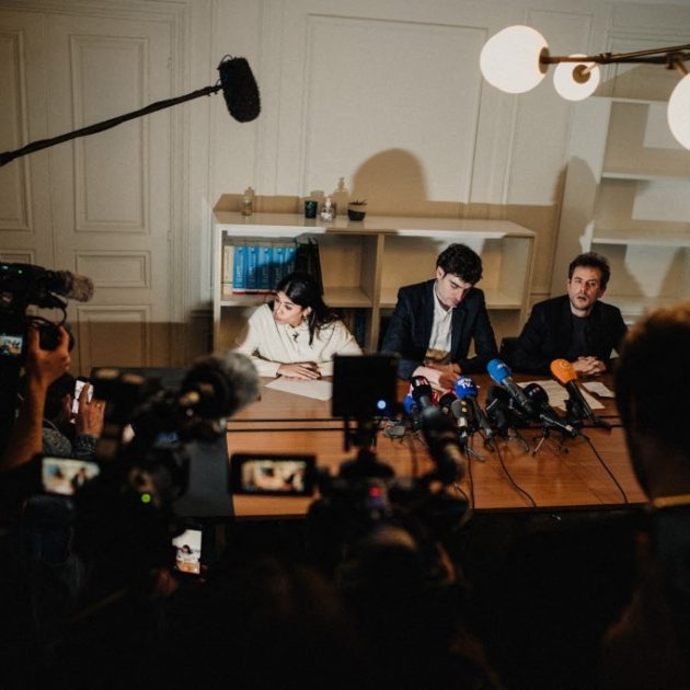 Flash photo of Rima Hassan European deputy and member of the political party La France Insoumise LFI speaking alongside her lawyer Vincent Brengarth during a press conference held by Rima Hassan European deputy and member of the political party La France Insoumise LFI with her lawyer following a hearing at the regional headquarters of the judiciary police of Paris in Paris France on April 3, 2026. (Photo by Bastien Ohier / Hans Lucas via AFP)