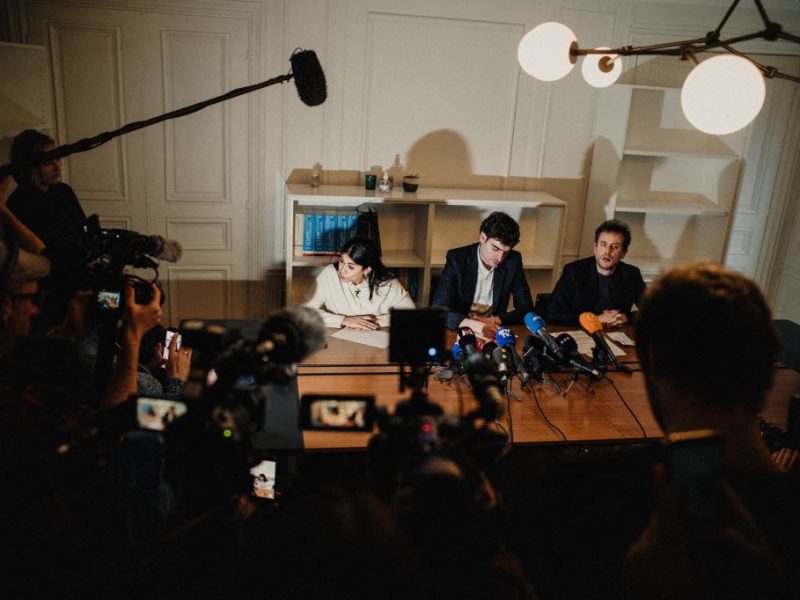 Flash photo of Rima Hassan European deputy and member of the political party La France Insoumise LFI speaking alongside her lawyer Vincent Brengarth during a press conference held by Rima Hassan European deputy and member of the political party La France Insoumise LFI with her lawyer following a hearing at the regional headquarters of the judiciary police of Paris in Paris France on April 3, 2026. (Photo by Bastien Ohier / Hans Lucas via AFP)