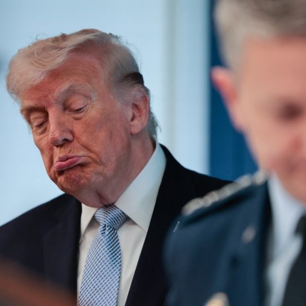 US President Donald Trump (L) looks on as Chairman of the Joint Chiefs of Staff General Dan Caine (R) speaks about the conflict in Iran in the James S. Brady Press Briefing Room of the White House on April 6, 2026, in Washington, DC. (Photo by Kent Nishimura / AFP)