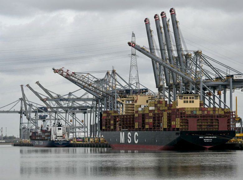An MSC operated container ship is docked in a harbour basin in Europe's second-largest port of Antwerp, northern Belgium, where shipping is largely halted following an oil spill at one of its docks, on April 10, 2026. A port statement said the spill occurred during a "bunkering operation", the process of filling a ship with fuel, in the Deurganck Dock and was "causing significant disruption" to shipping. Deurganck is one of the port's most important container docks, used by some of the largest ships in the world to load and unload goods. (Photo by NICOLAS TUCAT / AFP)