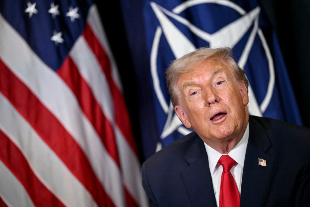 US President Donald Trump speaks during a bilateral meeting with NATOs Secretary-General on the sidelines of the World Economic Forum (WEF) annual meeting in Davos on January 21, 2026. The World Economic Forum takes place in Davos from January 19 to January 23, 2026. (Photo by Mandel NGAN / AFP)
