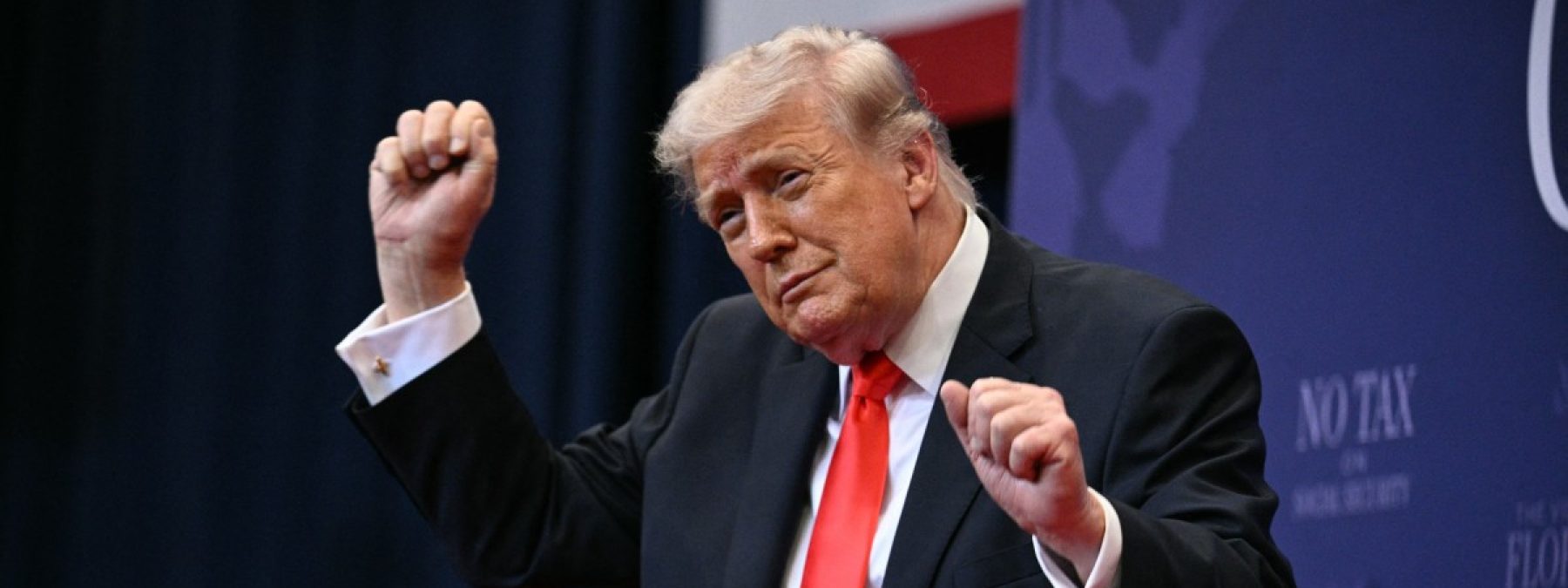 US President Donald Trump does his little dance after giving a speech about taxes and Social Security in The Villages, Florida, on May 1, 2026. (Photo by Jim WATSON / AFP)