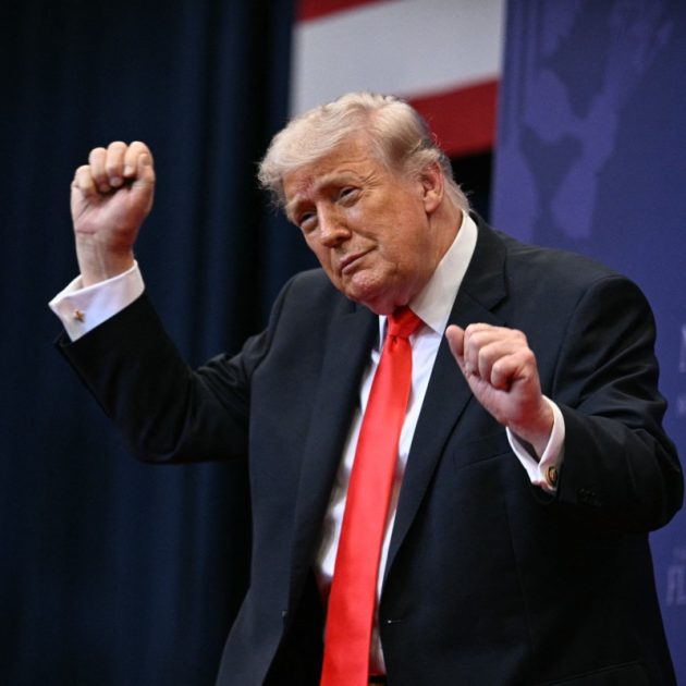 US President Donald Trump does his little dance after giving a speech about taxes and Social Security in The Villages, Florida, on May 1, 2026. (Photo by Jim WATSON / AFP)
