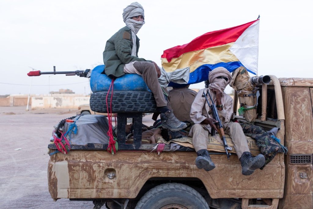 Soldiers from the National Front for the Liberation of Azawad (FLA) patrol the streets of Kidal, on May 8, 2026. Mali's government refuses to talk to "terrorist" armed groups, the foreign minister has said, days after jihadists and allied separatists mounted unprecdented attacks against the junta. The coordinated deadly offensive by Al-Qaeda-linked jihadists and Tuareg separatists on April 25 and 26 targeted strategic towns and killed the country's influential defence minister. (Photo by AFP)