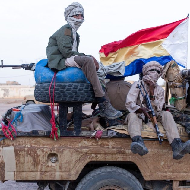 Soldiers from the National Front for the Liberation of Azawad (FLA) patrol the streets of Kidal, on May 8, 2026. Mali's government refuses to talk to "terrorist" armed groups, the foreign minister has said, days after jihadists and allied separatists mounted unprecdented attacks against the junta. The coordinated deadly offensive by Al-Qaeda-linked jihadists and Tuareg separatists on April 25 and 26 targeted strategic towns and killed the country's influential defence minister. (Photo by AFP)