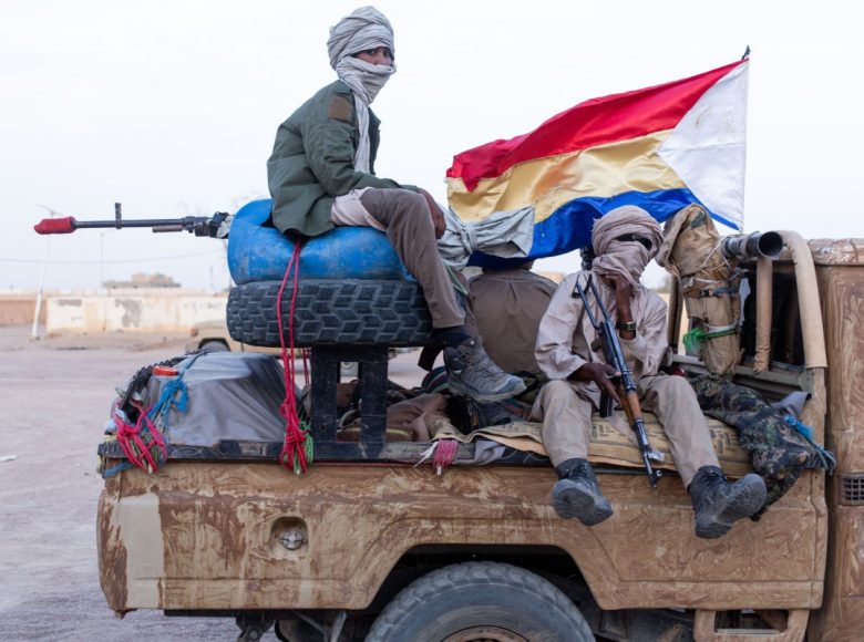 Soldiers from the National Front for the Liberation of Azawad (FLA) patrol the streets of Kidal, on May 8, 2026. Mali's government refuses to talk to "terrorist" armed groups, the foreign minister has said, days after jihadists and allied separatists mounted unprecdented attacks against the junta. The coordinated deadly offensive by Al-Qaeda-linked jihadists and Tuareg separatists on April 25 and 26 targeted strategic towns and killed the country's influential defence minister. (Photo by AFP)