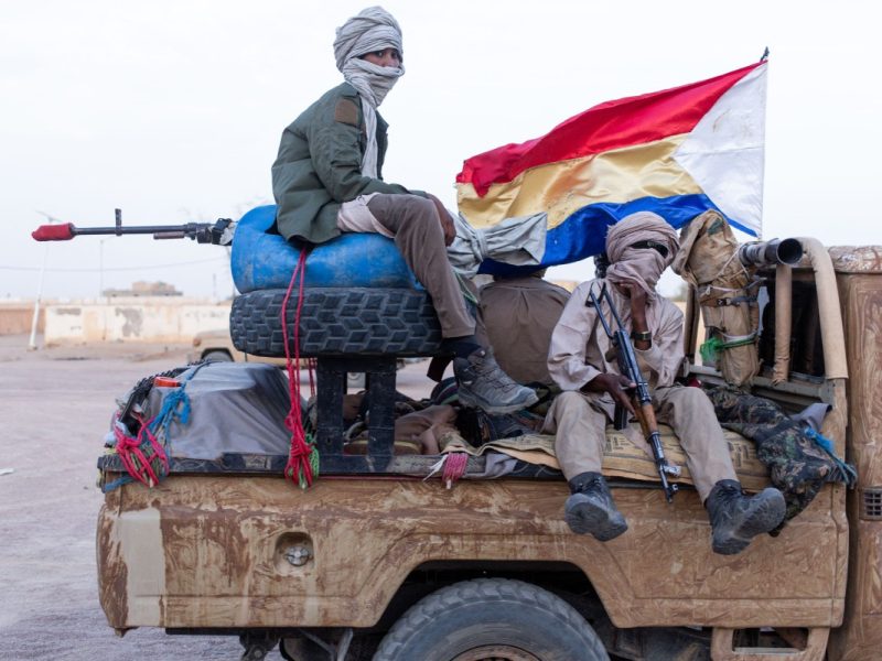 Soldiers from the National Front for the Liberation of Azawad (FLA) patrol the streets of Kidal, on May 8, 2026. Mali's government refuses to talk to "terrorist" armed groups, the foreign minister has said, days after jihadists and allied separatists mounted unprecdented attacks against the junta. The coordinated deadly offensive by Al-Qaeda-linked jihadists and Tuareg separatists on April 25 and 26 targeted strategic towns and killed the country's influential defence minister. (Photo by AFP)