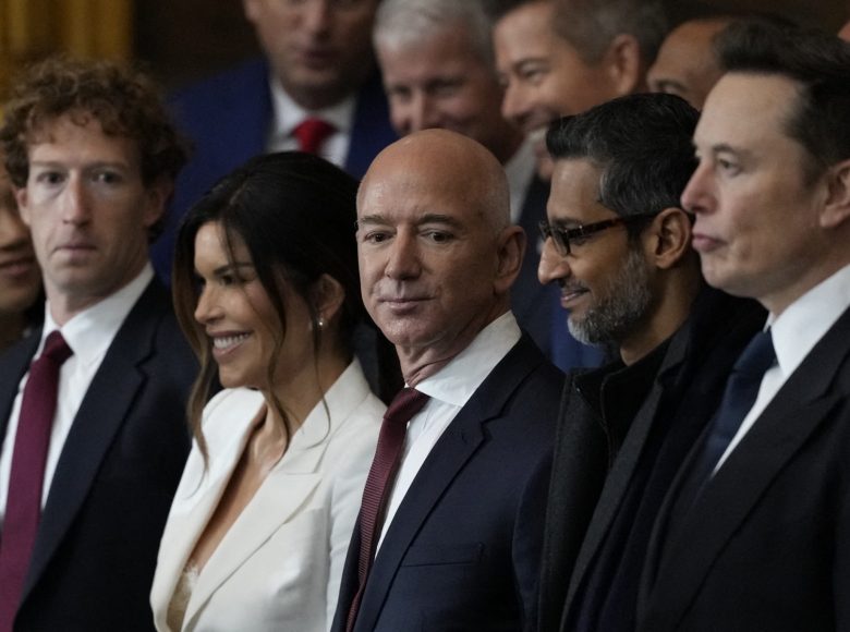 Guests including Mark Zuckerberg, Jeff Bezos, Sundar Pichai and Elon Musk, arrive before the 60th Presidential Inauguration in the Rotunda of the U.S. Capitol in Washington, Monday, Jan. 20, 2025. (Photo by Julia Demaree Nikhinson / POOL / AFP)