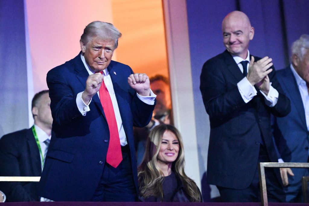 US President Donald Trump dances as US Musical Group The Village People perform the song "YMCA" during the draw for the 2026 FIFA Football World Cup taking place in the US, Canada and Mexico, at the Kennedy Center, in Washington, DC, on December 5, 2025. (Photo by Mandel NGAN / POOL / AFP)