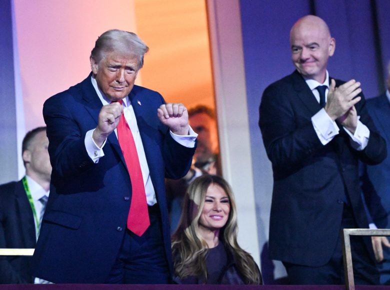 US President Donald Trump dances as US Musical Group The Village People perform the song "YMCA" during the draw for the 2026 FIFA Football World Cup taking place in the US, Canada and Mexico, at the Kennedy Center, in Washington, DC, on December 5, 2025. (Photo by Mandel NGAN / POOL / AFP)