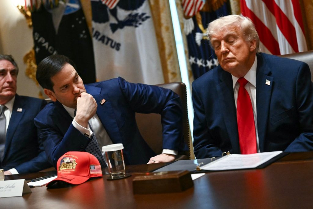 (L/R) US secretary of Interior Doug Burgum, US Secretary of State Marco Rubio and US President Donald Trump listens during a cabinet meeting in the Cabinet Room of the White House in Washington, DC, on May 27, 2026. (Photo by Kent NISHIMURA / AFP)