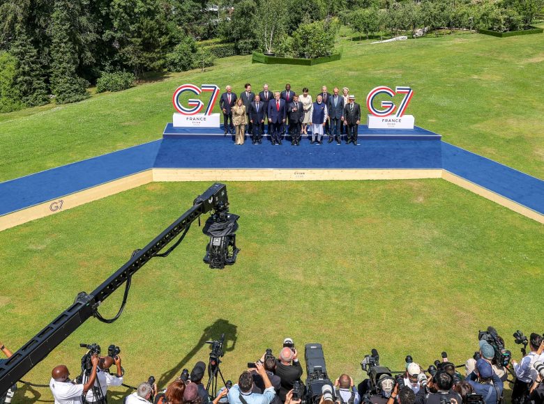 (From L) European Council President Antonio Costa, Italy's Prime Minister Giorgia Meloni, South Korea's President Lee Jae Myung, Egypt's President Abdel Fattah El-Sisi, Britain's Prime Minister Keir Starmer, US President Donald Trump, Kenya's President William Ruto, France's President Emmanuel Macron, Japan's Prime Minister Sanae Takaichi, India's Prime Minister Narendra Modi, Canada's Prime Minister Mark Carney, Germany's Chancellor Friedrich Merz, European Commission President Ursula von der Leyen and Brazil's President Luiz Inacio Lula da Silva pose for a family photograph during the G7 summit, in Evian, eastern France, on June 16, 2026. A G7 summit is set to take place June 15 to 17 in the French town of Evian-les-Bains near Switzerland and it will be attended by country leaders as well as the EU's foreign policy chief and ministers from Brazil, Canada, the United Arab Emirates and Turkey. (Photo by Dominique JACOVIDES / POOL / AFP)
