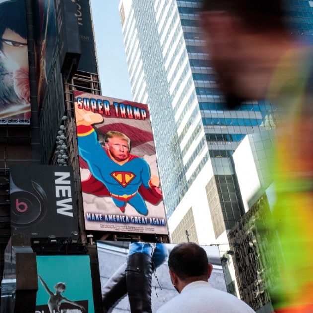 NEW YORK, NY - SEPTEMBER 15: A view of a digital billboard supporting Donald Trump in Times Square, September 15, 2016 in New York City. The billboard was paid for by a pro-Trump political action committee (Super PAC) called 'Committee to Restore America's Greatness.' The billboard will run in Times Square through the end of the week before moving on to I-4 highway corridor in Florida. Drew Angerer/Getty Images/AFP (Photo by Drew Angerer / GETTY IMAGES NORTH AMERICA / Getty Images via AFP)