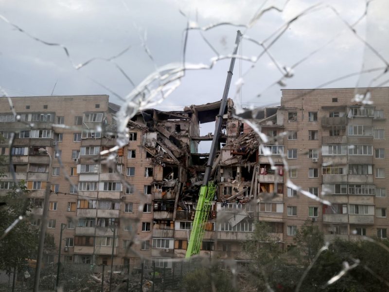 This photograph shows a multistorey residential building partially destroyed as a result of Russian missile strike on the Ukrainian capital of Kyiv on July 6, 2026, amid the Russian invasion in Ukraine. Russia struck Kyiv's capital region with ballistic missiles on Monday, sparking fires and killing at least four people, authorities said, on the eve of a NATO summit in Ankara. (Photo by Serhii Okunev / AFP)