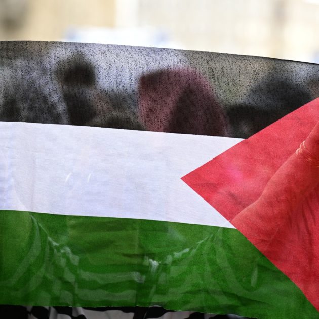 A demonstrator holds up a Palestinian flag outside the Humboldt University during a Pro-Palestinian protest in Berlin, on May 23, 2024. (Photo by JOHN MACDOUGALL / AFP)
