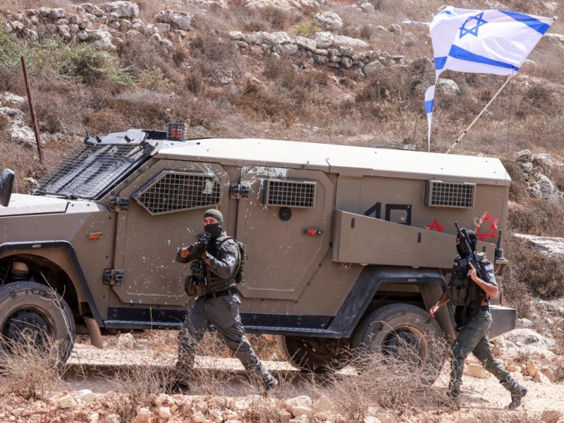 Israeli soldiers arrive in the village of Qusra, south of Nablus in the Israeli-occupied West Bank, which has faced escalating Israeli settler violence over the past month, on August 29, 2026. Dozens of Israeli settlers attacked the Palestinian village of Qusra in the northern occupied West Bank on August 29, residents and the military said, after nearly three weeks of tension in the area. Earlier in August, a group of settlers began blocking supplies from entering Palestinian houses on the outskirts of the village near Nablus, trapping residents inside and drawing domestic and international condemnation. (Photo by Jaafar ASHTIYEH / AFP)