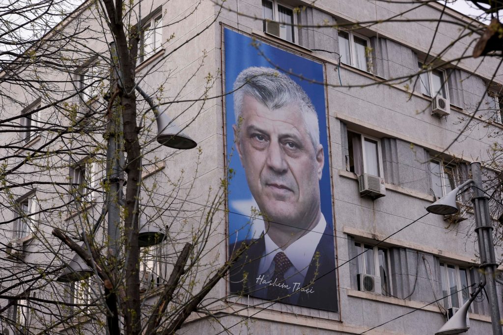 A huge billboard depicting former Kosovo president Hashim Thaci is displayed on a building in Pristina on March 31, 2023. War crimes trial of former Kosovo president Hashim Thaci starts on April 3, 2023 in The Hague. Since the establishment of Kosovo in 2017, the court has investigated several former commanders of Kosovo Liberation Army (KLA) for possible war crimes, including former KLA political commander Hashim Thaci, who dominated Kosovo's politics after it declared independence from Serbia in 2008, and rose to become president of the tiny country. (Photo by Armend NIMANI / AFP)