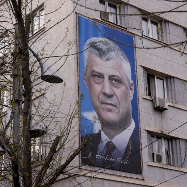 A huge billboard depicting former Kosovo president Hashim Thaci is displayed on a building in Pristina on March 31, 2023. War crimes trial of former Kosovo president Hashim Thaci starts on April 3, 2023 in The Hague. Since the establishment of Kosovo in 2017, the court has investigated several former commanders of Kosovo Liberation Army (KLA) for possible war crimes, including former KLA political commander Hashim Thaci, who dominated Kosovo's politics after it declared independence from Serbia in 2008, and rose to become president of the tiny country. (Photo by Armend NIMANI / AFP)