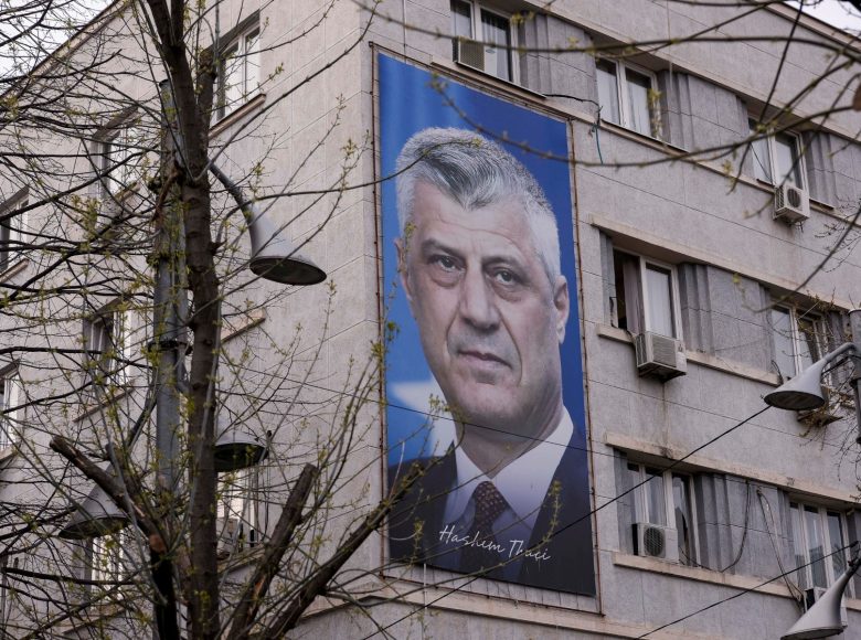 A huge billboard depicting former Kosovo president Hashim Thaci is displayed on a building in Pristina on March 31, 2023. War crimes trial of former Kosovo president Hashim Thaci starts on April 3, 2023 in The Hague. Since the establishment of Kosovo in 2017, the court has investigated several former commanders of Kosovo Liberation Army (KLA) for possible war crimes, including former KLA political commander Hashim Thaci, who dominated Kosovo's politics after it declared independence from Serbia in 2008, and rose to become president of the tiny country. (Photo by Armend NIMANI / AFP)