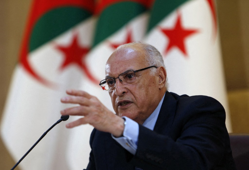 The Algerian Minister of Foreign Affairs, Ahmed Attaf, is hosting a press conference in Algiers, Algeria, on March 26, 2024. He is assuring that the Palestinian question remains a top priority for Algeria and its diplomatic efforts. (Photo by APP/NurPhoto) (Photo by APP / NurPhoto via AFP)