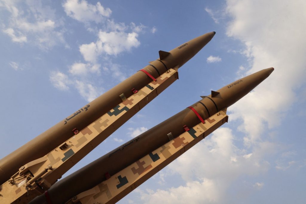 Iranian-made Zolfaghar missiles are displayed at Azadi Square in Tehran on August 2, 2026. US President Donald Trump said on August 1 that the United States and Israel had agreed to hold off on new strikes on Iran -- provided that a deal to end the months-long conflict is reached rapidly. (Photo by Atta KENARE / AFP) /