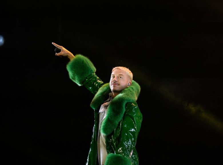 US rapper, singer, dancer and DJ, Benjamin Haggerty, known as Macklemore, performs at the Goldencoast Rap Festival in Corcelles-les-Monts, near Dijon, central-eastern France, on August 30, 2026. (Photo by ARNAUD FINISTRE / AFP)