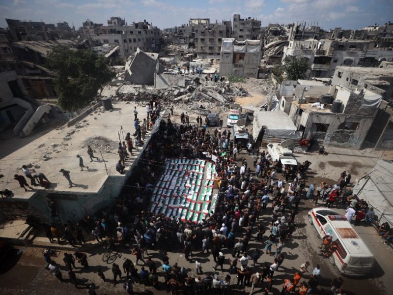 Palestinians attend the mass funeral for members of the Irahem, Malaka, Qanbour, Balawi and Dahdouh families, who were killed in an Israeli strike in 2023 and whose remains were recovered from beneath the rubble, according to Gaza's Civil Defense, in Gaza City, on September 6, 2026. (Photo by Majdi Fathi/NurPhoto) (Photo by MAJDI FATHI / NurPhoto via AFP)